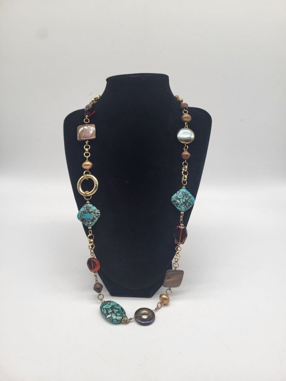 Premier Designs Jewelry Canyon Retired Turquoise Shells Glass Gold Tone Necklace - Picture 1 of 8